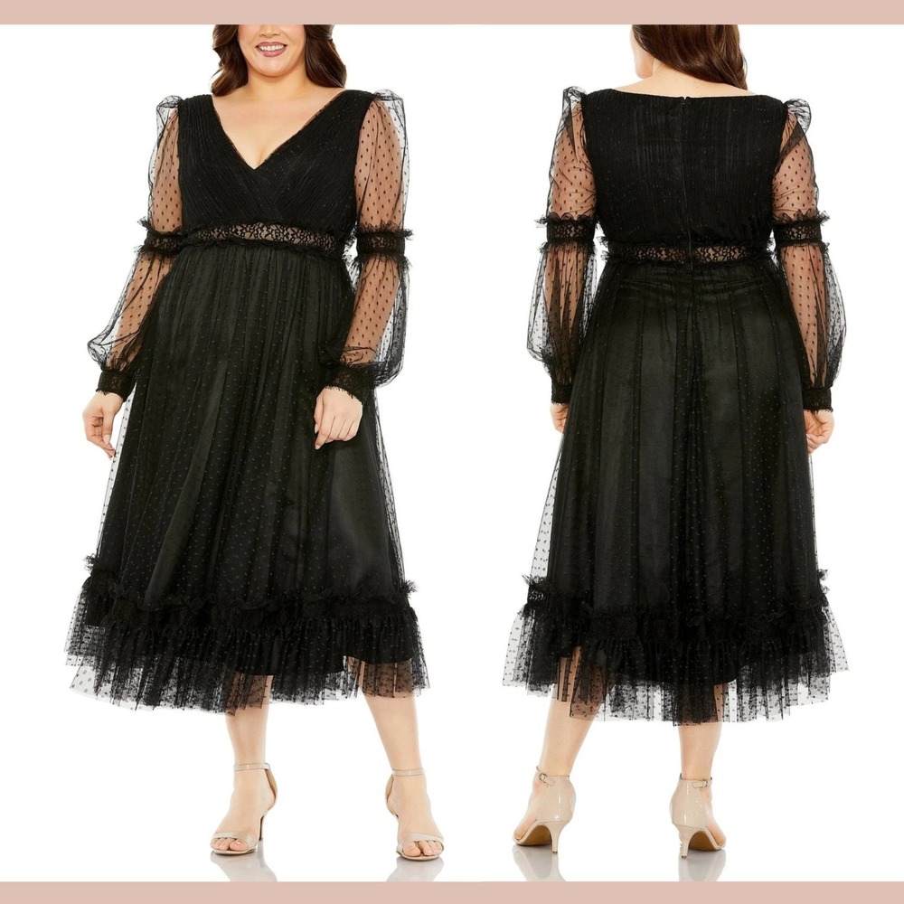 NWT Mac Duggal‎ [ 20W ] 68567 Sheer Swiss Dot Long Sleeve V Neck Dress S1920